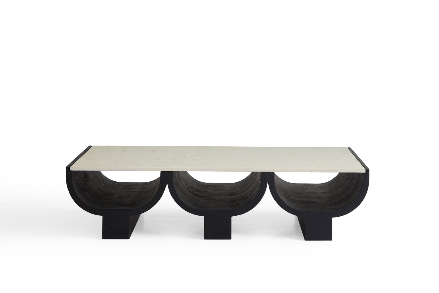 Modern Minimalist White Oak Coffee Table with Matte Black Finish and Moonlight Beige Marble Top
