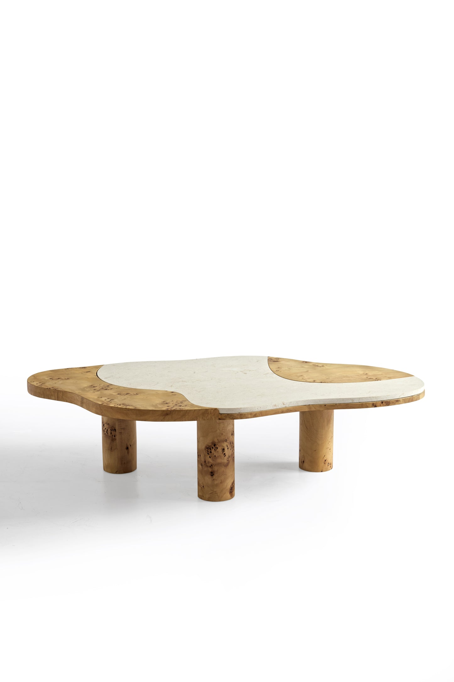 Modern Multilayered Coffee Table with Burl Wood Veneer and Natural Travertine Top