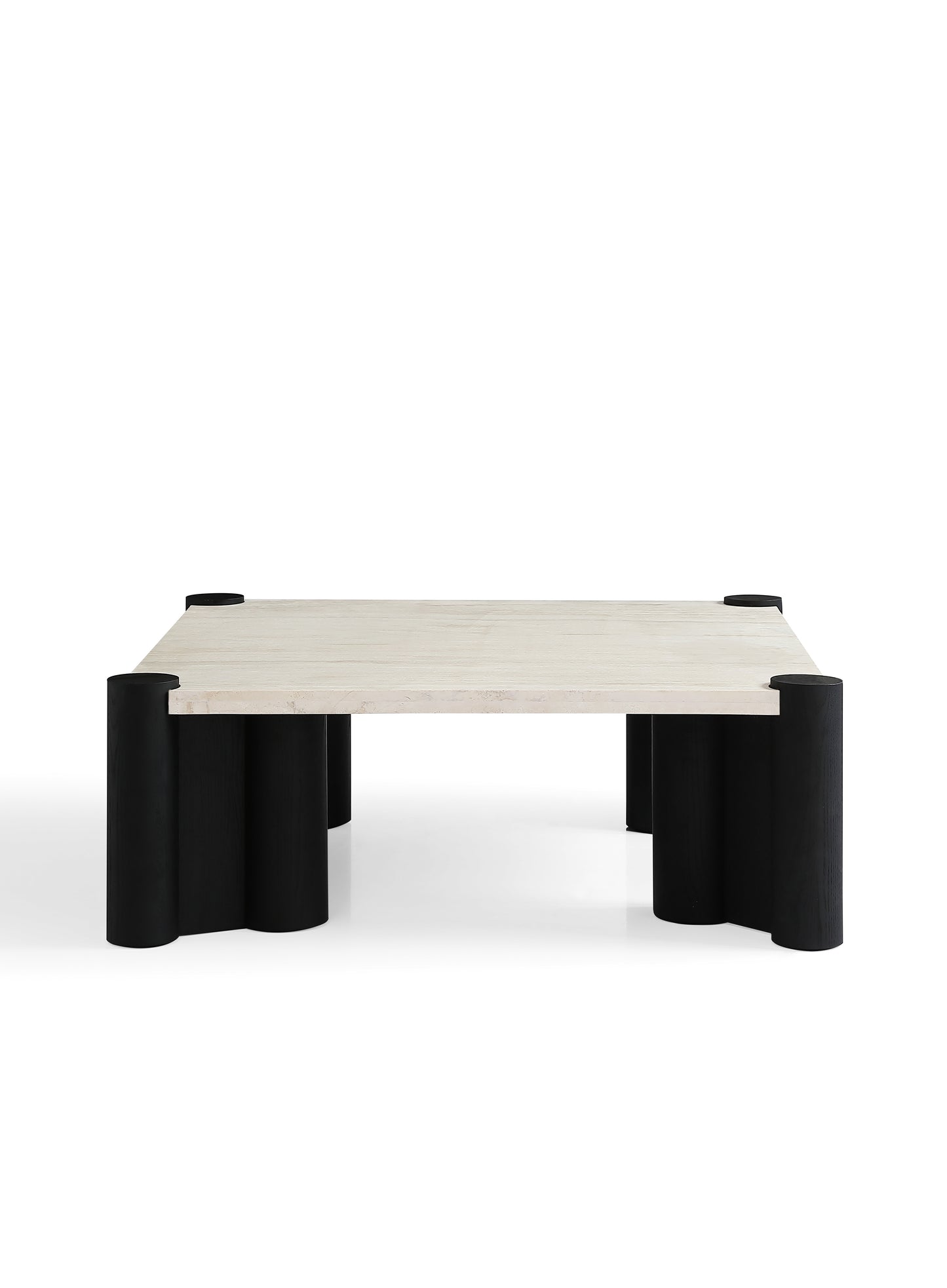 Modern White Wax Wood & Black Matte Coffee Table with Super White Calcite Stone Top