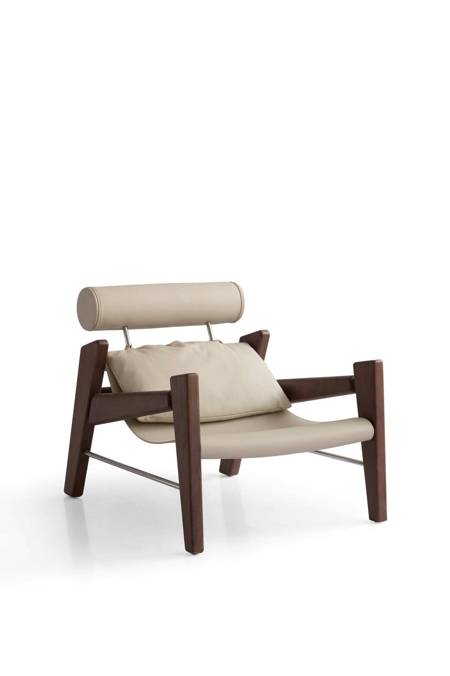 Contemporary White Ash Wood Armchair with Walnut Matte Finish and Faux Suede and Saddle Leather Upholstery