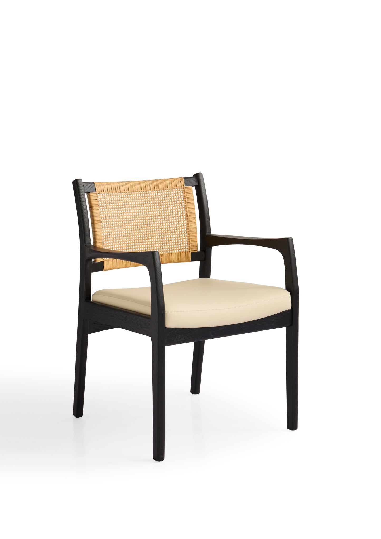 Elegant Black Matte Dining Chair with Natural Rattan Backrest