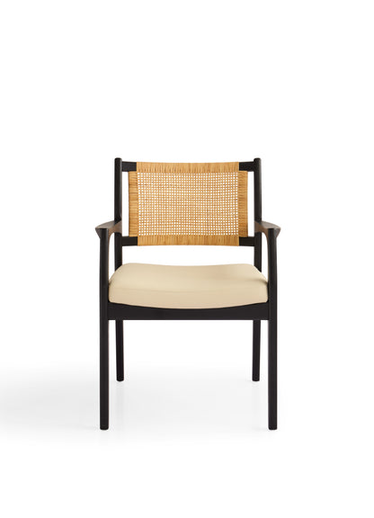 Elegant Black Matte Dining Chair with Natural Rattan Backrest