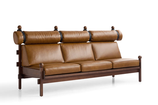 Elegant Walnut-Colored Waxwood Leather Sofa