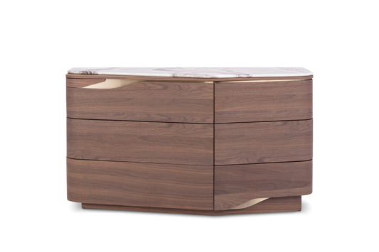 Letty Modern Walnut Chest of Drawers with Stainless Steel Accents and Natural Marble Top