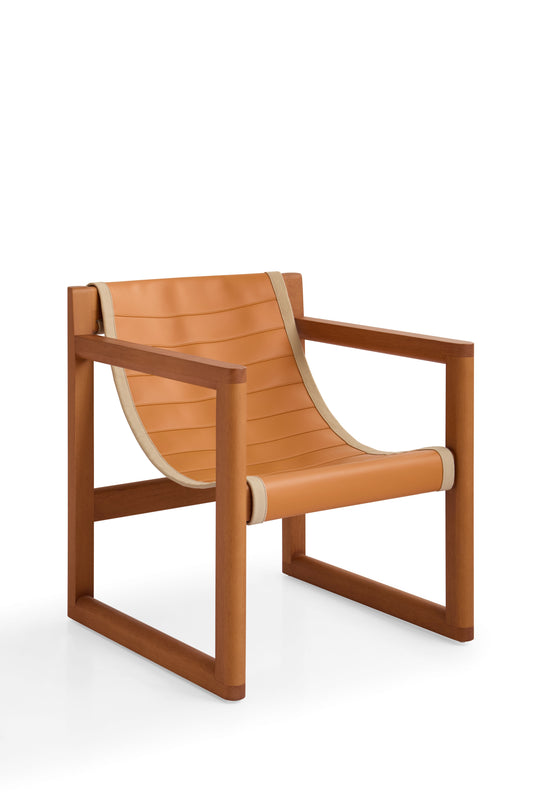 Modern Golden Teak Wood Armchair with Saddle Leather Upholstery