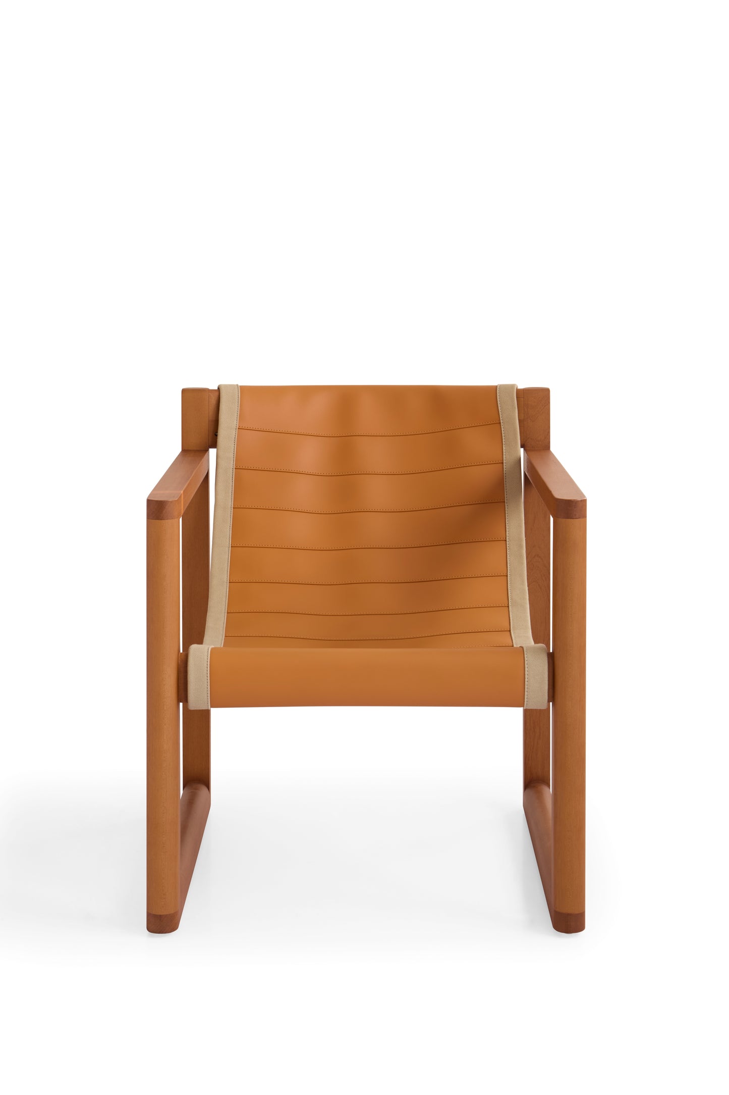 Modern Golden Teak Wood Armchair with Saddle Leather Upholstery