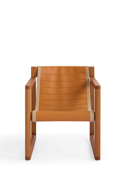 Modern Golden Teak Wood Armchair with Saddle Leather Upholstery