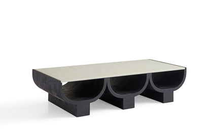 Modern Minimalist White Oak Coffee Table with Matte Black Finish and Moonlight Beige Marble Top
