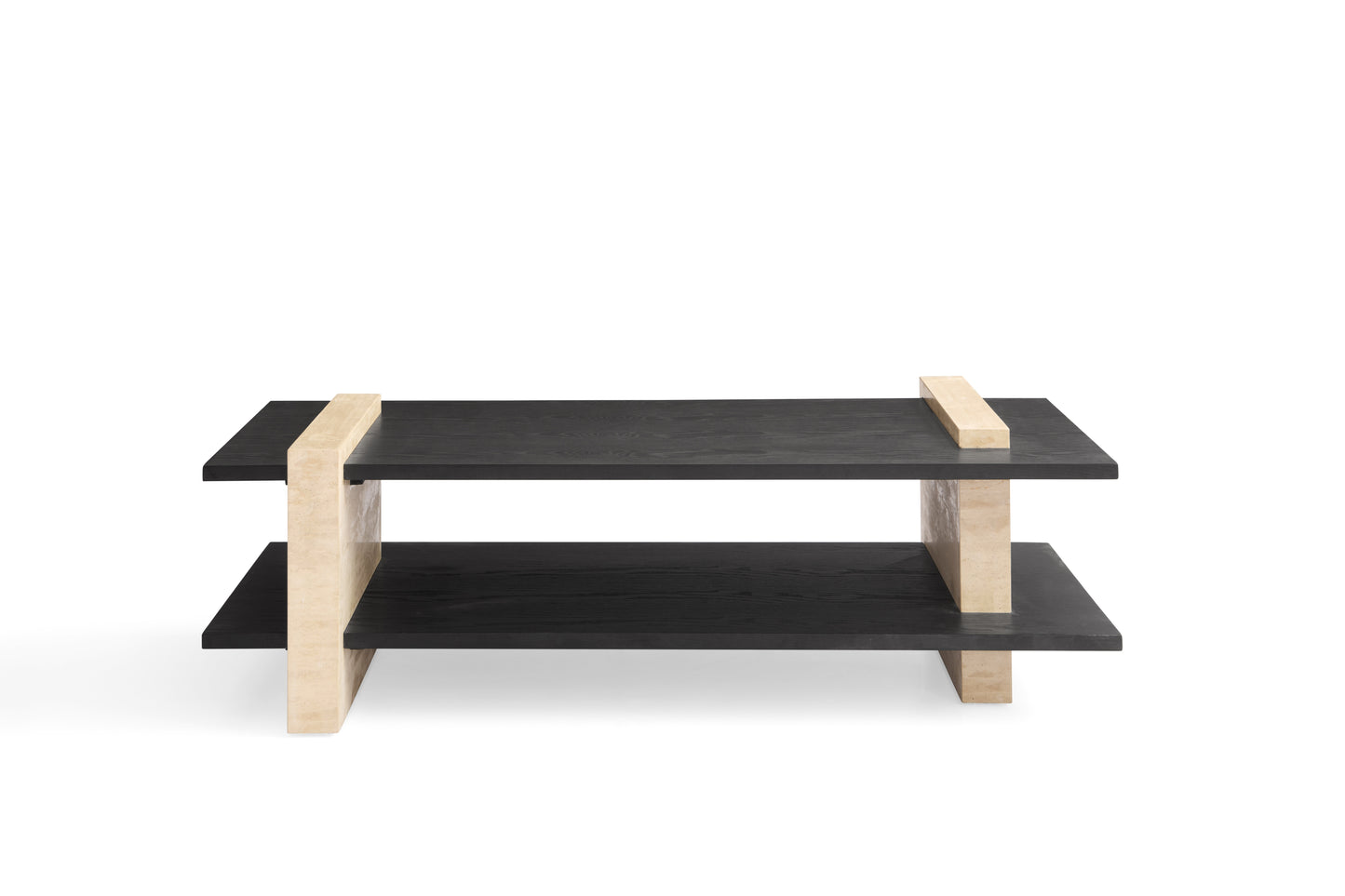 Modern Oak Veneer Coffee Table with Matte Black Finish and Natural Travertine