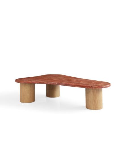 Modern White Oak Coffee Table with Red Travertine Detailing