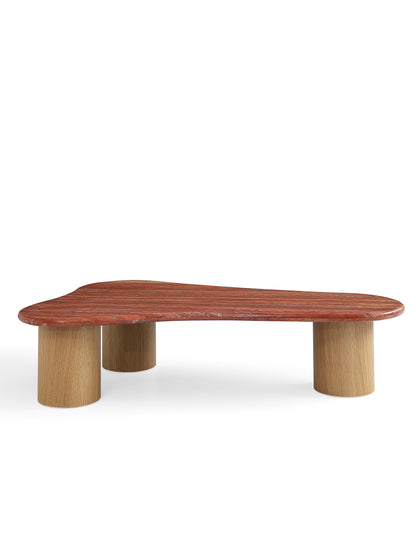 Modern White Oak Coffee Table with Red Travertine Detailing
