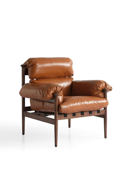 Modern White Wax Wood Armchair with Walnut Matte Finish and High-Density Foam