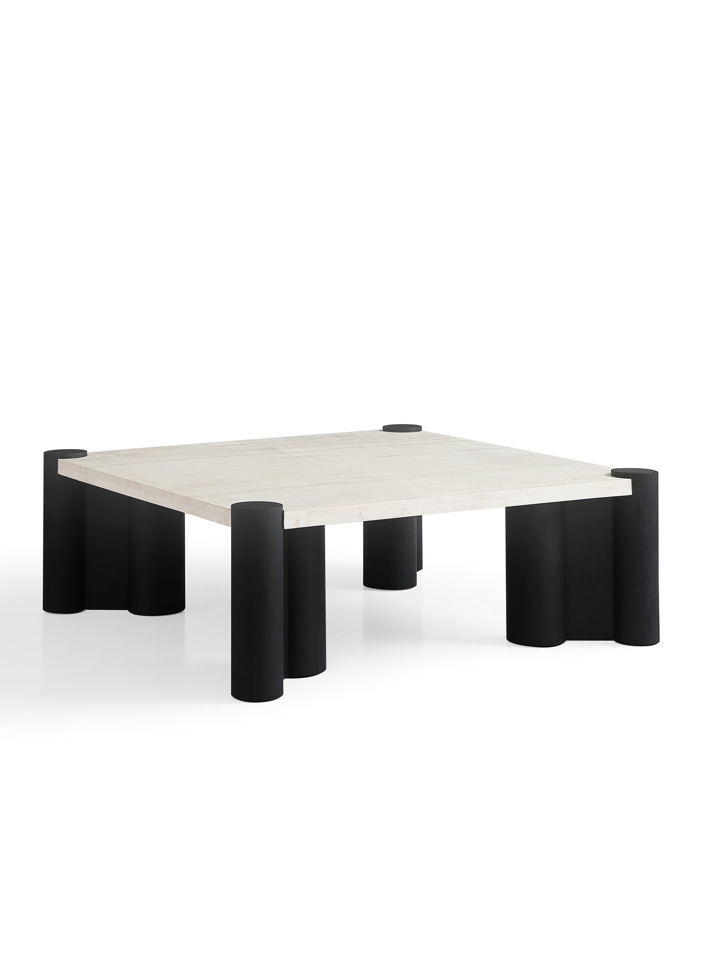 Modern White Wax Wood & Black Matte Coffee Table with Super White Calcite Stone Top