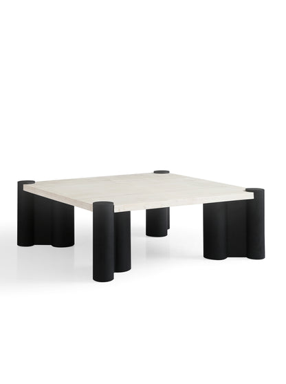 Modern White Wax Wood & Black Matte Coffee Table with Super White Calcite Stone Top