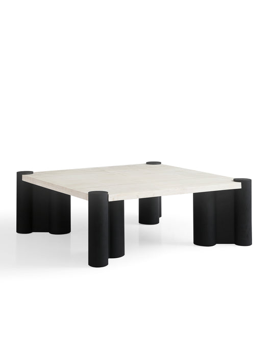 Modern White Wax Wood & Black Matte Coffee Table with Super White Calcite Stone Top