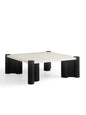 Modern White Wax Wood & Black Matte Coffee Table with Super White Calcite Stone Top