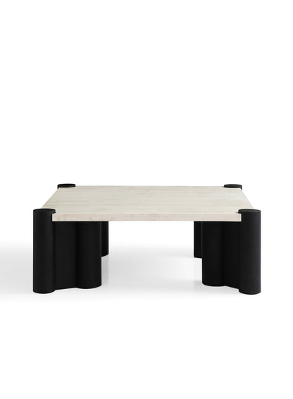 Modern White Wax Wood & Black Matte Coffee Table with Super White Calcite Stone Top